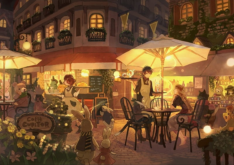 Caffe Cupitor, umbrellas, art, lanterns, tables, coffe shop, bonito, cute, boy, girl, coffee, anime, people, street, light, night, HD wallpaper