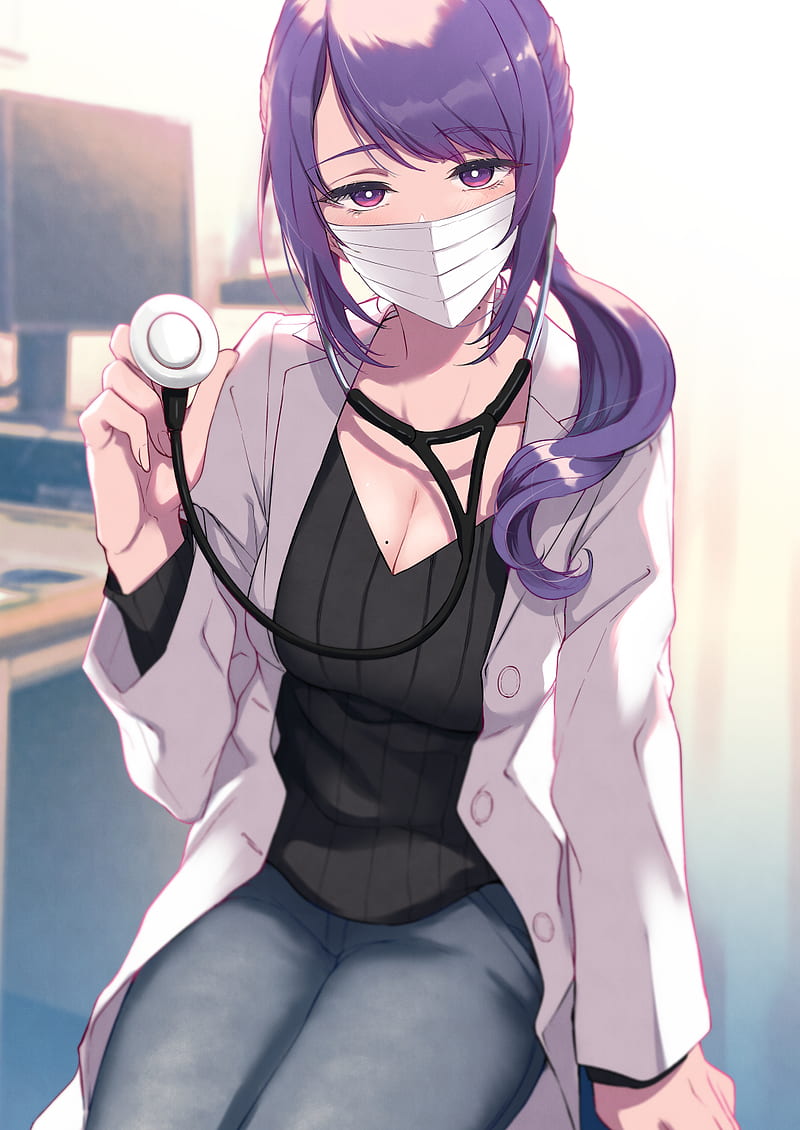 HD wallpaper anime anime girls mask purple hair cleavage frontal view purple eyes face mask nurses doctors stethoscope pochi