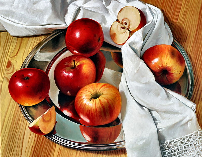 Apples on a Silver Platter, fruit, art, still life, apples, painting, bonito, artwork, HD wallpaper