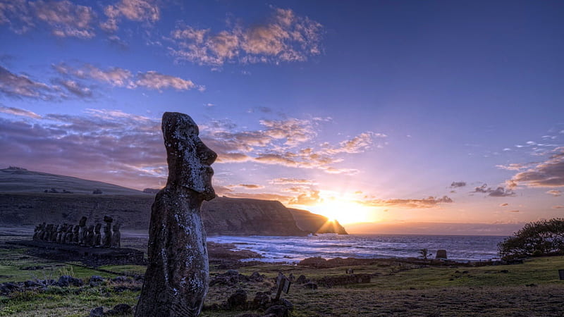 wondrous moai figures on easter island, sunset, island, clouds, sea, figures, HD wallpaper