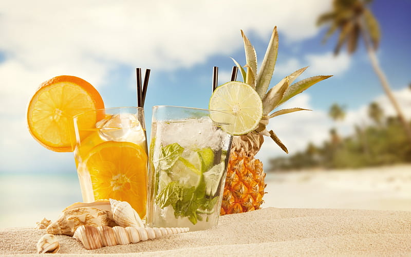 cocktails, tropical islands, bananas, beach, sand, oranges, HD wallpaper