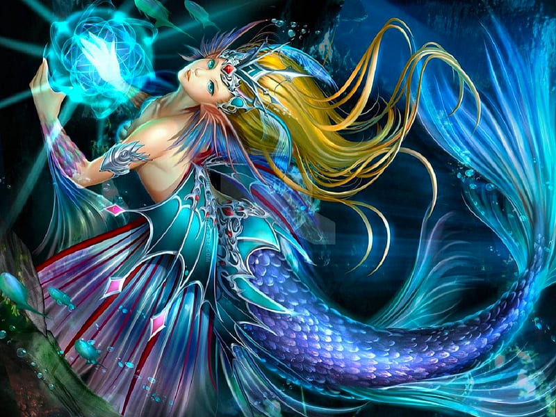 Mermaid's Orb, art, fantasy, girl mermaid, digital, siren, woman, bonito, HD wallpaper