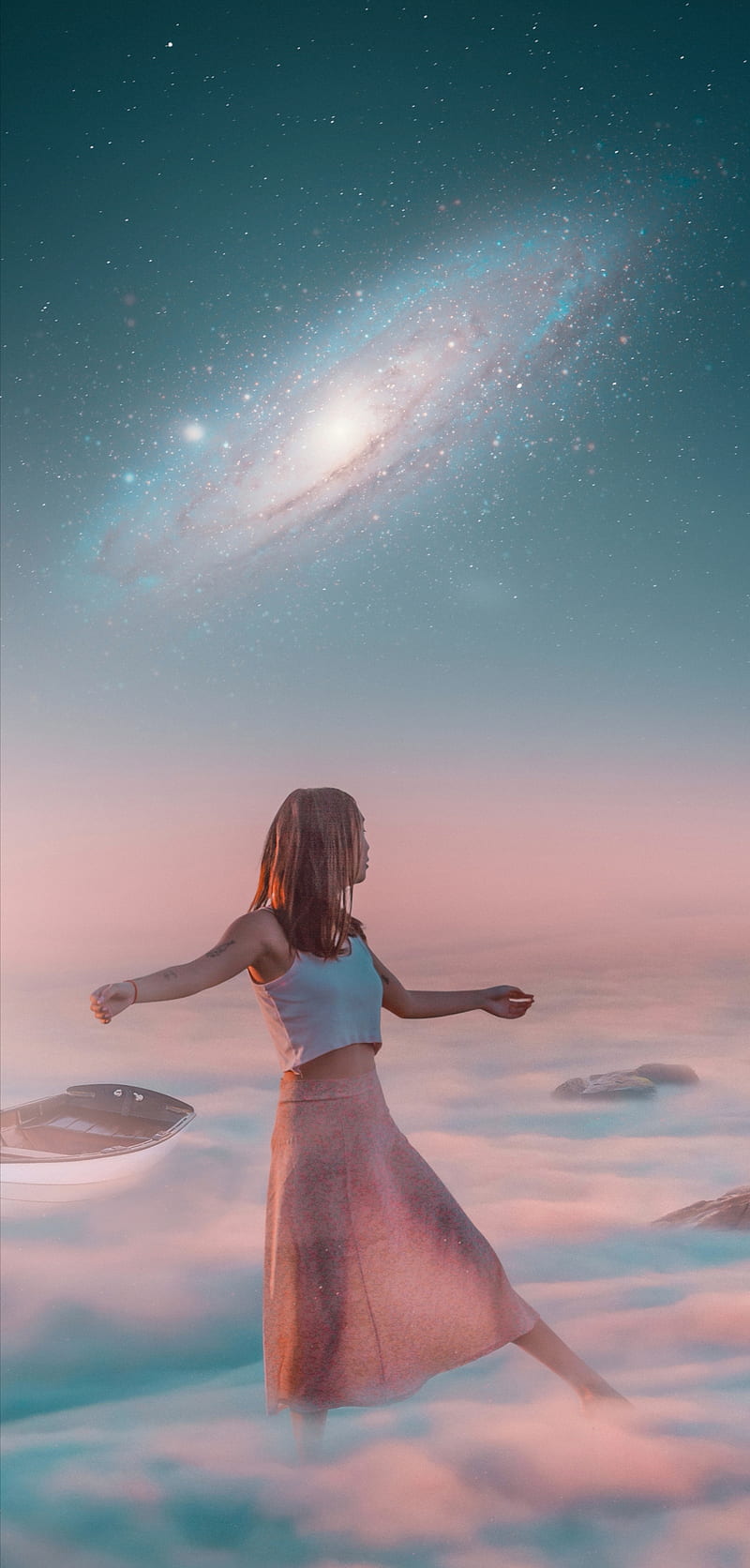 Above The Clouds, chill, dance, dream, female, galaxy, heaven, imagination, HD phone wallpaper