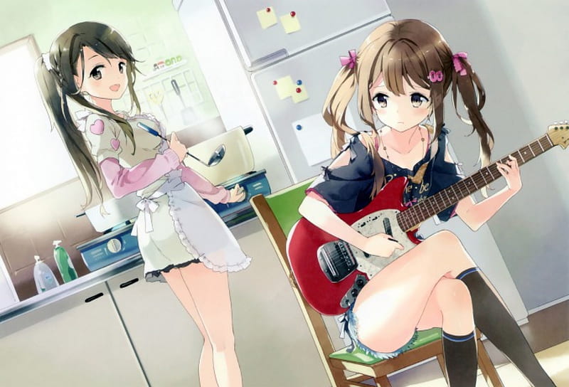 Kitchen Melody, pretty, house cg, cooking, home, bonito, sweet, nice, anime, beauty, anime girl, long hair, black hair, female, lovely, brown hair, kitchen, guitar, girl, cook, HD wallpaper