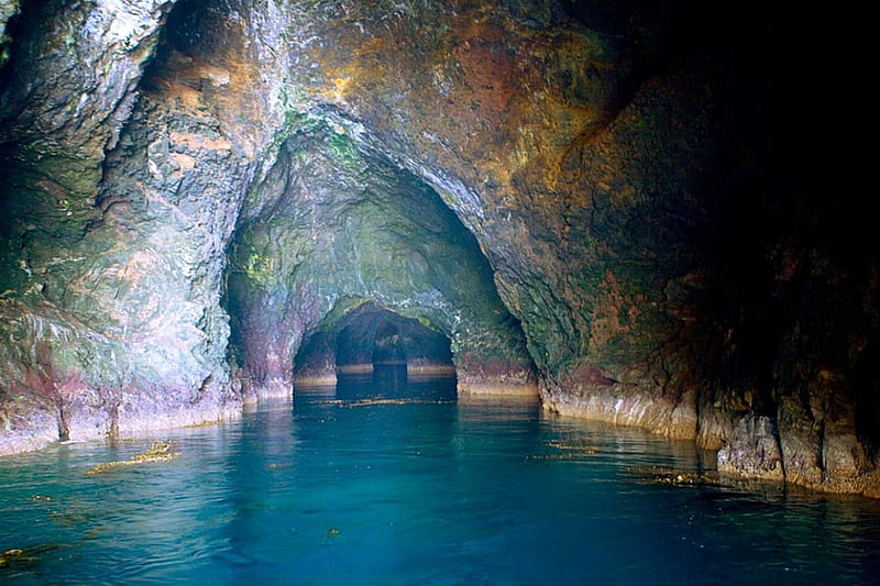 Inside Painted Cave, Santa Cruz islands, turquoise waters, geology, Pacific Ocean, bonito, sea cave, huge cavern, HD wallpaper