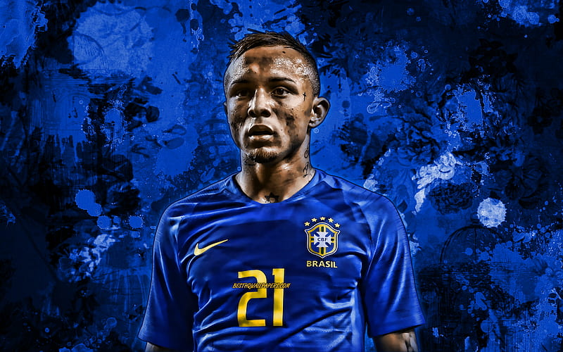 Everton Sousa Soares, blue paint splashes, Brazil National Team, Cebolinha, soccer, Everton, footballers, grunge art, Brazilian football team, HD wallpaper