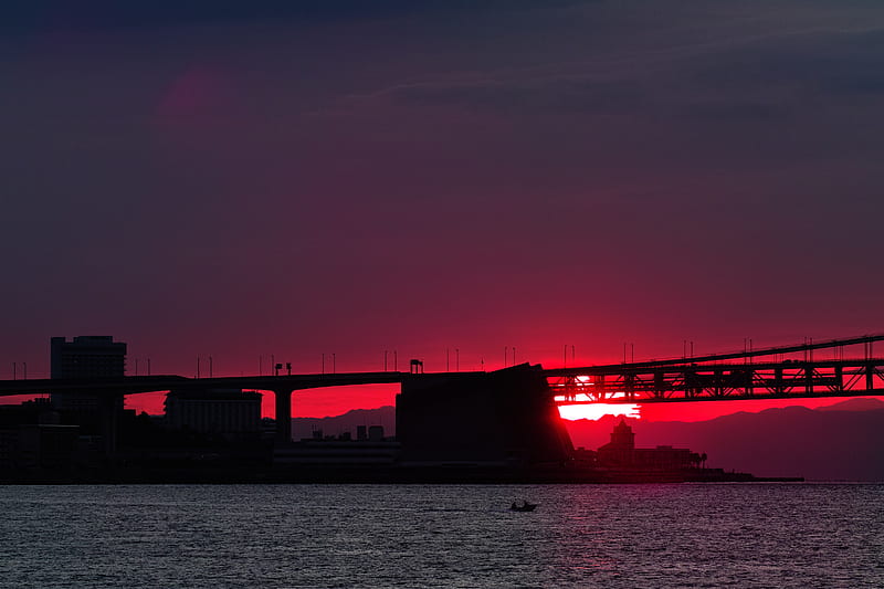 sunset, river, bridge, evening, red, twilight, HD wallpaper