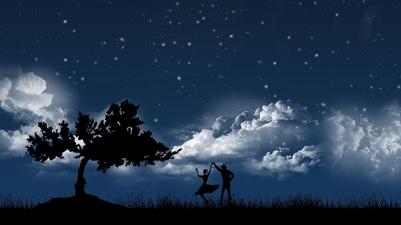 Dancing couple, cloud, luminos, black, sky, silhouette, dancer, tree, fantasy, couple, night, blue, HD wallpaper