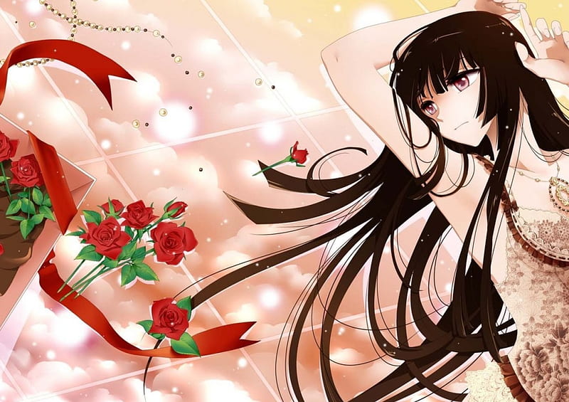 Houraisan Kaguya, girl, rose, touhou, game, long hair, HD wallpaper