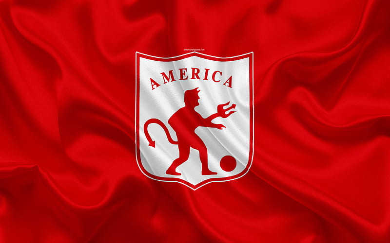 CD América de Cali logo, Colombian football club, silk texture, red flag, Categoria Primera A, Cali, Colombia, football, Liga Aguila, HD wallpaper