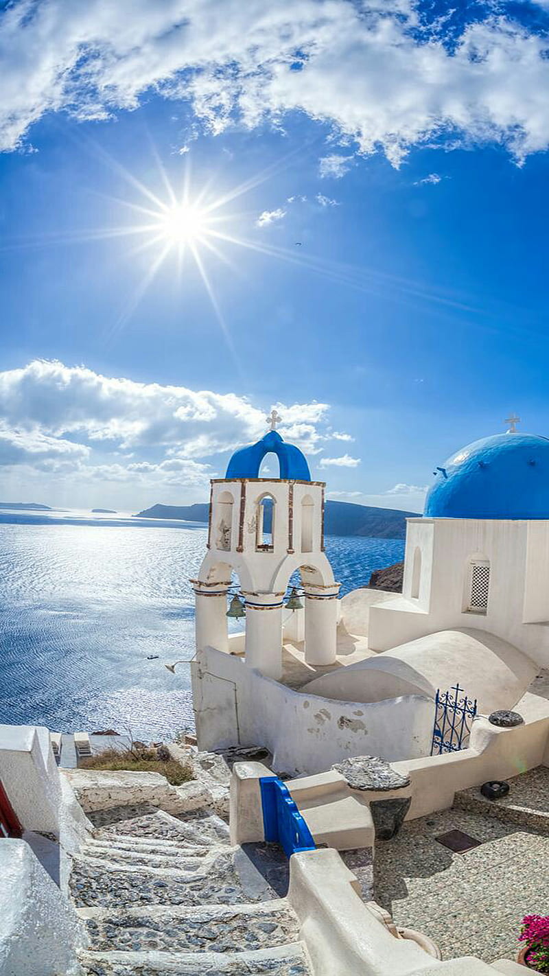 santorini, church, clouds, greece, nature, sea, sky, sun, sunny, view, HD phone wallpaper
