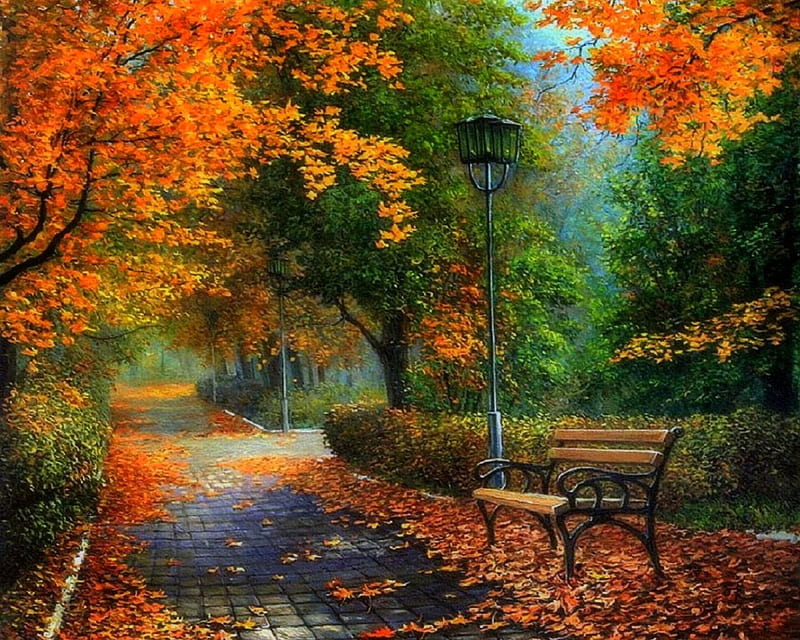 Charms of Autumn, fall, stunning, autumn, bench, colors, love four seasons, bonito, attractions in dreams, creative pre-made, trees, leaves, parks, walkway, cities, nature, HD wallpaper