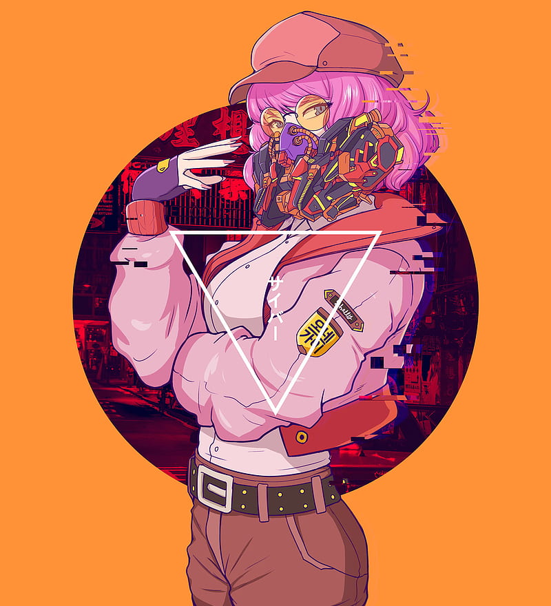 pink hair, looking at viewer, women with glasses, anime girls, cyberpunk, artwork, digital art, 2D, illustration, drawing, original characters, orange background, circle, triangle, -in-, mask, cyborg, berets, portrait display, science fiction, Blueriest, HD phone wallpaper