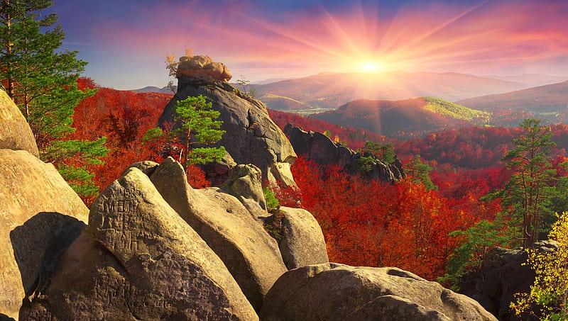 Autumn Sunset Over the Mountains, Orange, Foilage, Leaves, Golden, Sunset, Landscape, View, Mountains, Trees, Color, Boulders, Autumn, Blue, Depth, Yellow, Glow, Bright, Red, Sun, HD wallpaper
