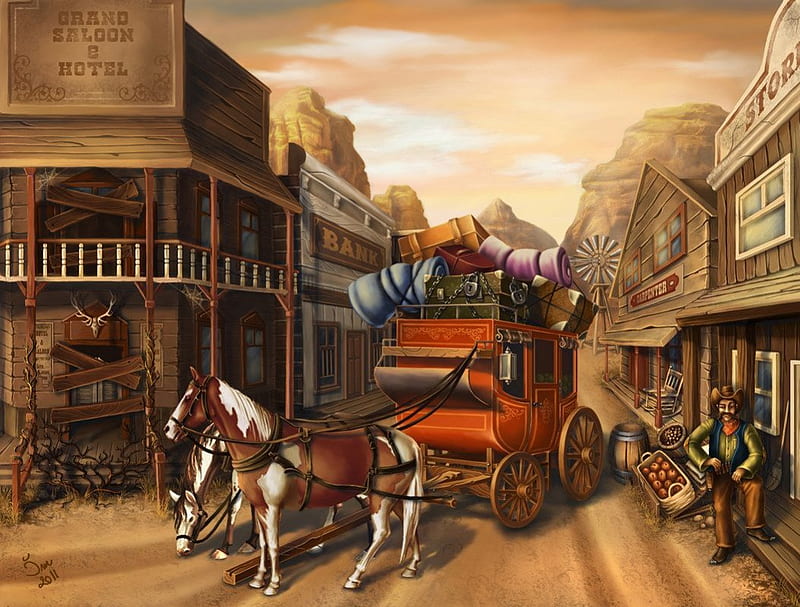 The Stagecoach, paintings, Stagecoach, wild west, people, horses, cowboys, HD wallpaper