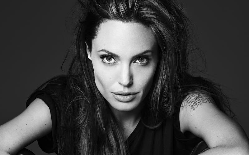 Angelina Jolie, American singer, portrait, monochrome, black and white , black dress, beautiful woman, HD wallpaper