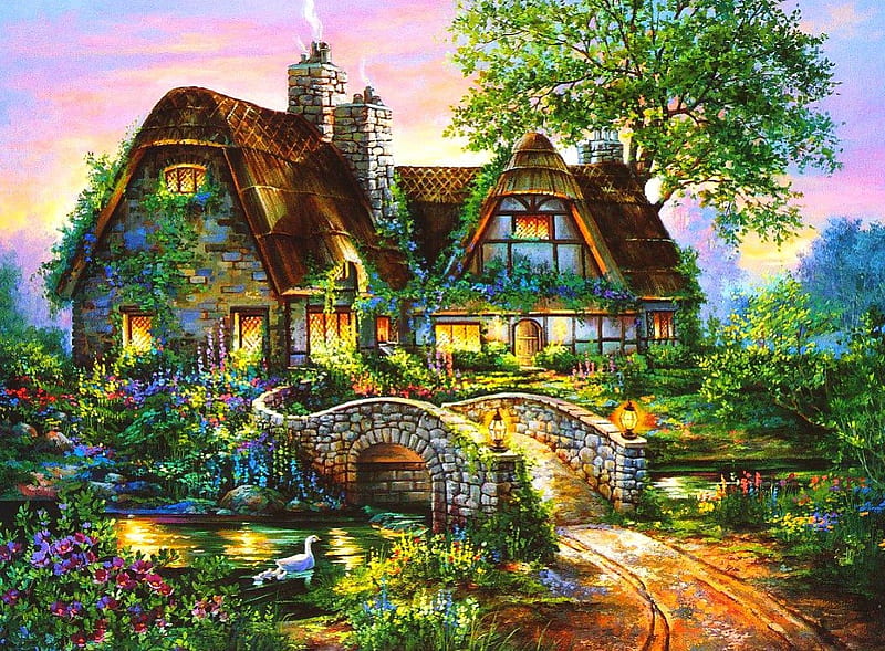 Lovely cottage, pretty, colorful, house, splendid, cottage, bonito, bridge, flowers, fields, light, amazing, lovely, view, colors, tree, garden, nature, HD wallpaper