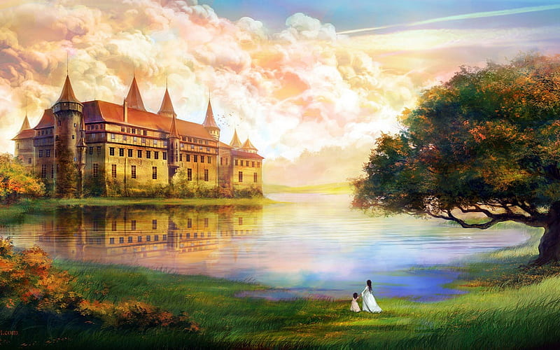 Stroll by the lake, view, grass, queen, bonito, clouds, lake, tree, painting, walk, child, castle, stroll, HD wallpaper