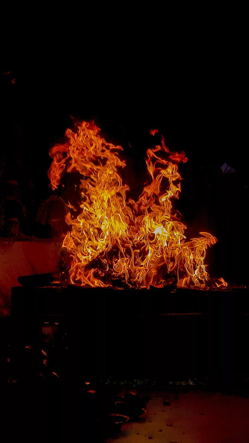 Fire, burning, dark, flame, night, orange, wood burning, HD phone wallpaper