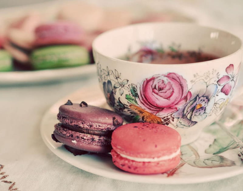 Sweet Moments ~ Macarons and Tea, Teacup, French, Tea, Macarons, Sweets, HD wallpaper