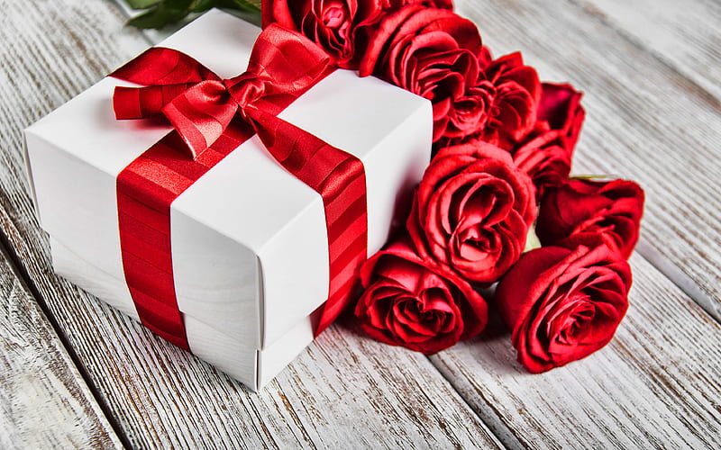 Gift with love *, red rose, rose, love, heart, flower, box, gift, HD  wallpaper