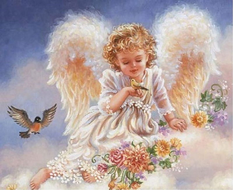LITTLE ANGEL, little girl, flowers, bird, angel, HD wallpaper
