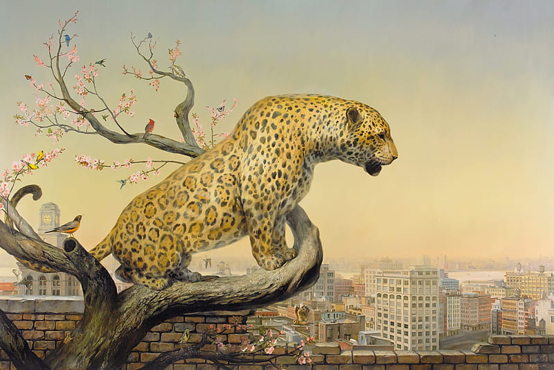 Natural Obsession, city, bird, martin wittfooth, painting, pictura, animal, art, leopard, autumn, leaf, HD wallpaper