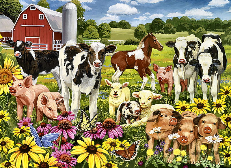Calves and Friends F, silo, bovine, equine, bonito, artwork, barn, farm, painting, wide screen, flowers, scenery, cows, art, horse, sheep, pigs, landscape, HD wallpaper