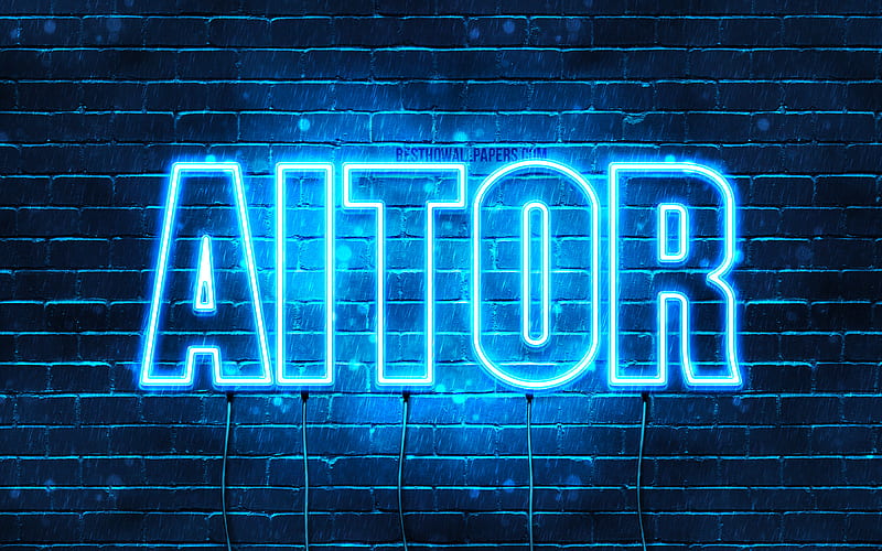 Aitor with names, Aitor name, blue neon lights, Happy Birtay Aitor, popular spanish male names, with Aitor name, HD wallpaper