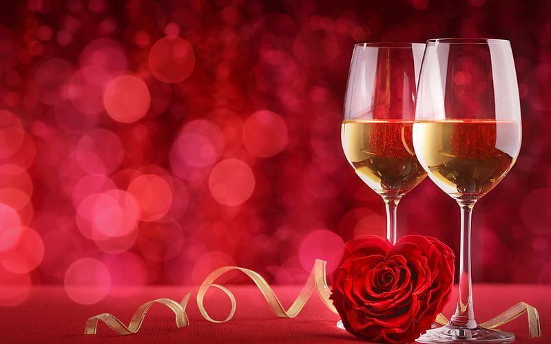 romance, Glasses of champagne, Valentine's Day, red roses, champagne, HD wallpaper