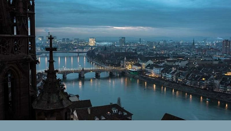 Basel Munster and early morning on the Rhine, dawn, river rhine, cathedral and spires, old medieval row housing, HD wallpaper