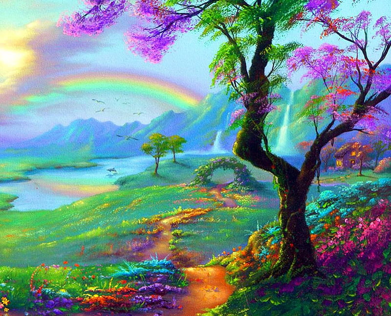 Earthly Delights, tree, painting, flowers, path, river, rainbow, artwork, HD wallpaper