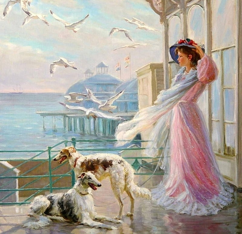 A woman with birds and dogs, art, wind, caine, sea, hat, water, vara, girl, bird, painting, summer, pasari, pictura, pink, alexander averin, dog, HD wallpaper