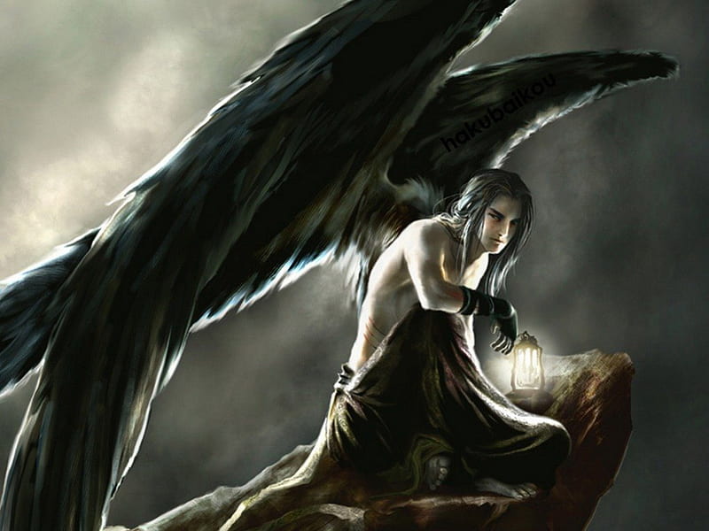 Black Feathers, wings, male, angel, black, man, fantasy, black wings, feathers, HD wallpaper