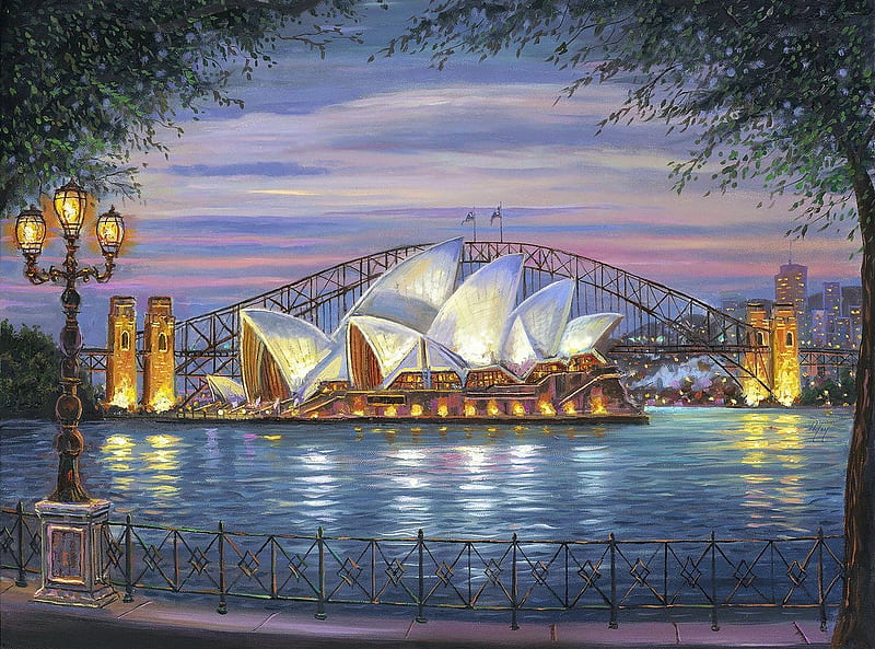 Sydney Opera House, lantern, painting, sunset, reflections, artwork, lights, harbor, HD wallpaper