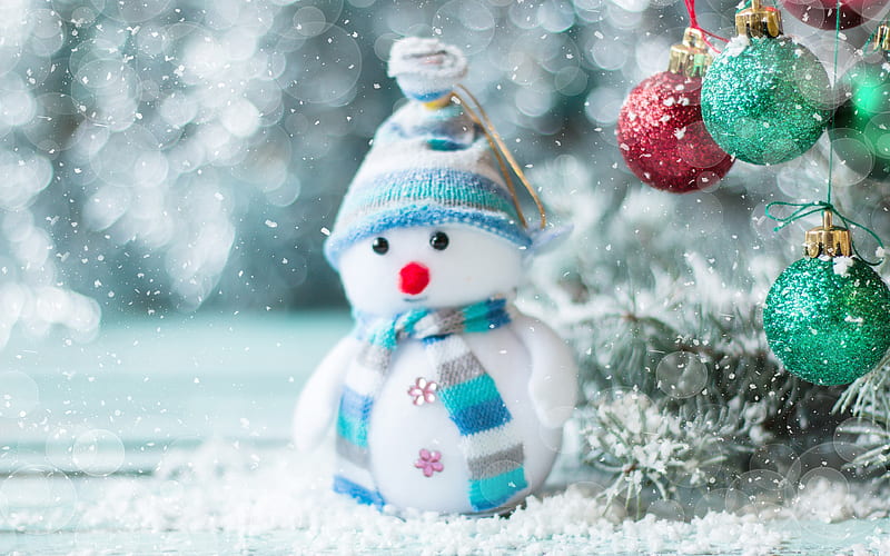 Snowman, winter, snow, Christmas balls, New Year, Christmas, HD wallpaper