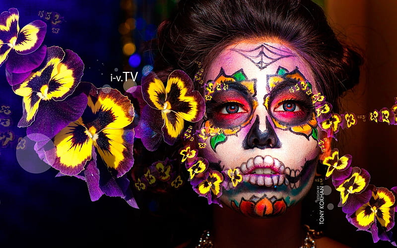 Dia de los muertos, model, halloween, pansy, creative, woman, tony kokhan, fantasy, girl, flower, face, skull, HD wallpaper