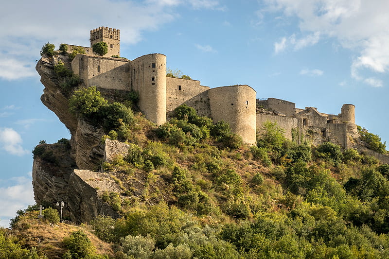 Roccascalegna Castle, Abruzzo, Italy, trees, medieval, castle, italy, HD wallpaper