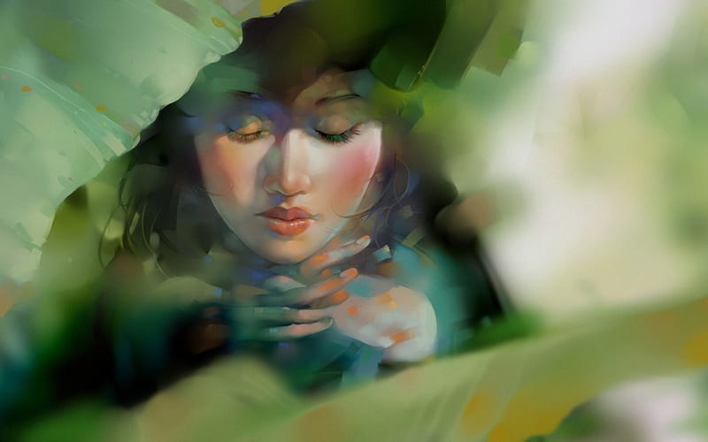 Foliage, art, leaf, melancholy, girl, green, painting, digital, xnhan00, Nguyen Thanh Nhan, HD wallpaper
