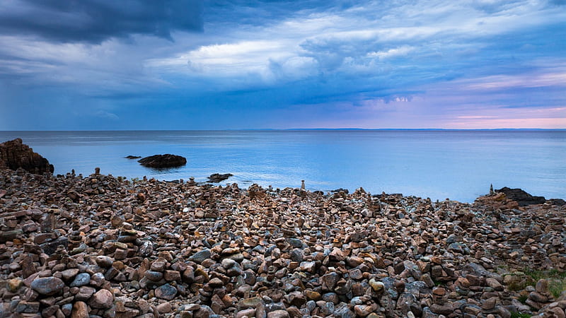 pebble beach in sweeden, beach, stones, clouds, sea, HD wallpaper