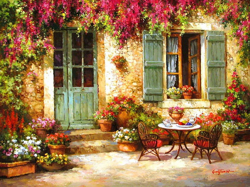 Coffee time, pretty, house, cottage, home, vase, bonito, tea, countryside, nice, calm, painting, flowers, rural, table, art, rustic, quiet, cozy, lovely, time, silence, yard, pleasant, serenity, coffee, summer, pleasure, nature, HD wallpaper