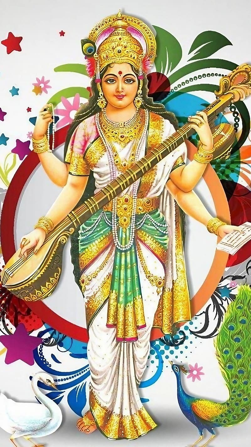 Saraswati Puja, Playing Sitar, maa saraswati playing sitar, goddess, HD phone wallpaper