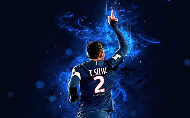 Thiago Silva, back view, german footballer, PSG FC, Ligue 1, Paris Saint-Germain, Silva, football stars, neon lights, soccer, HD wallpaper