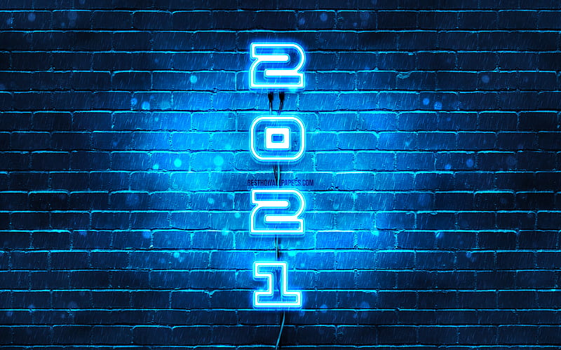 Happy New Year 2021, blue neon digits, blue brickwall, 2021 yellow digits, 2021 concepts, 2021 new year, vertical neon inscription, 2021 on blue background, 2021 year digits, HD wallpaper