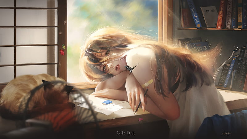 Sleepy girl in the afternoon, vara, sleep, fantasy, frumusete, girl, butterfly, summer, taejune kim, luminos, HD wallpaper