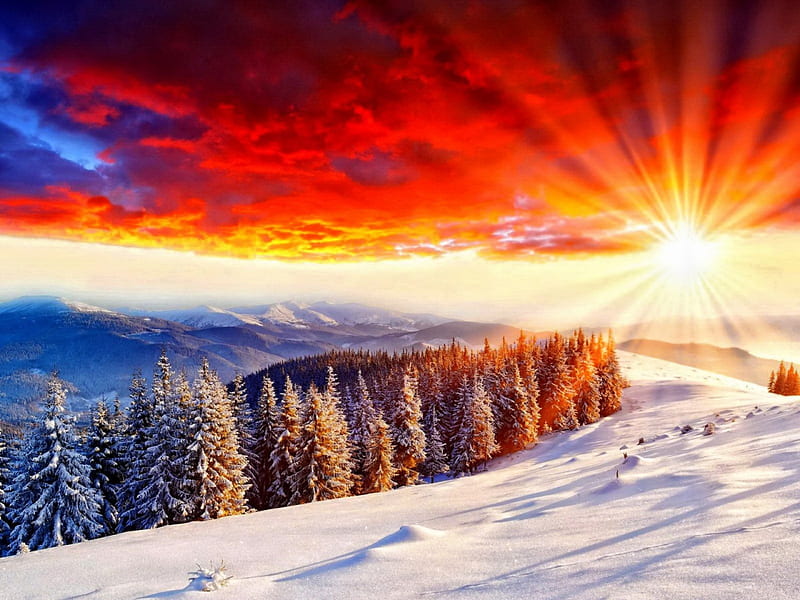 Winter scenery, red, pretty, sun, orange, dazzling, shine, bonito, sunset, clouds, mountain, sundown, nice, bright, sunrise, scenery, light, amazing, lovely, view, sunlight, sky, trees, winter, rays, snow, slope, nature, scene, HD wallpaper
