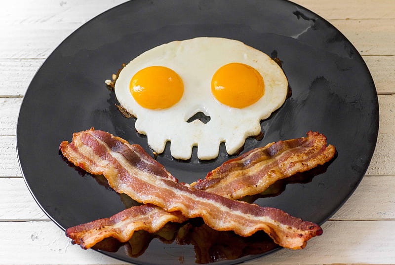 Berakfast, bacon, frying pan, eye, breakfast, eyes, HD wallpaper