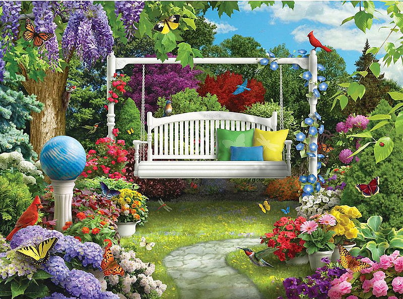 Nature Sings to Me, art, swing, digital, garden, flowers, birds, butterflies, trees, HD wallpaper