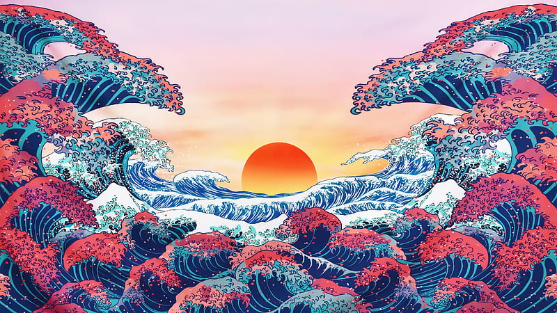 The Great Wave Off Kanagawa , sunrise, artist, artwork, digital-art, HD wallpaper