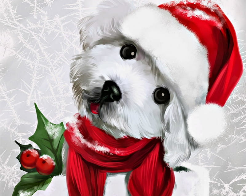 Merry Christmas!, red, art, lorri kajenna, craciun, christmas, animal, hat, mistletoe, santa, fantasy, green, scarf, white, puppy, HD wallpaper